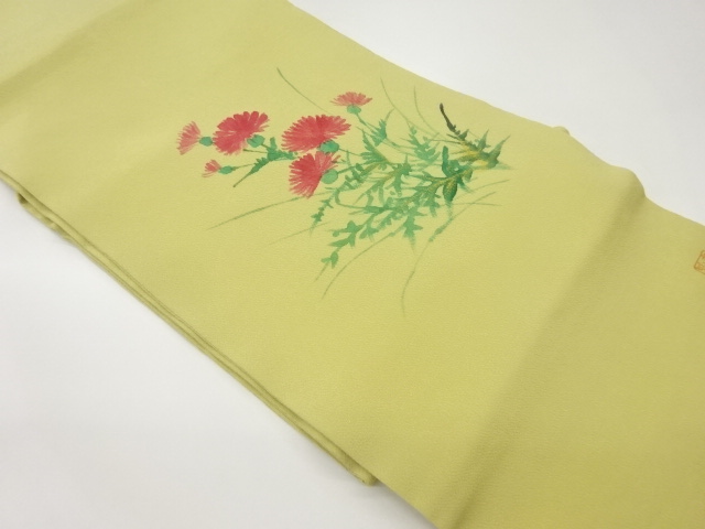 作家物　縮緬地金彩手描き草花模様名古屋帯